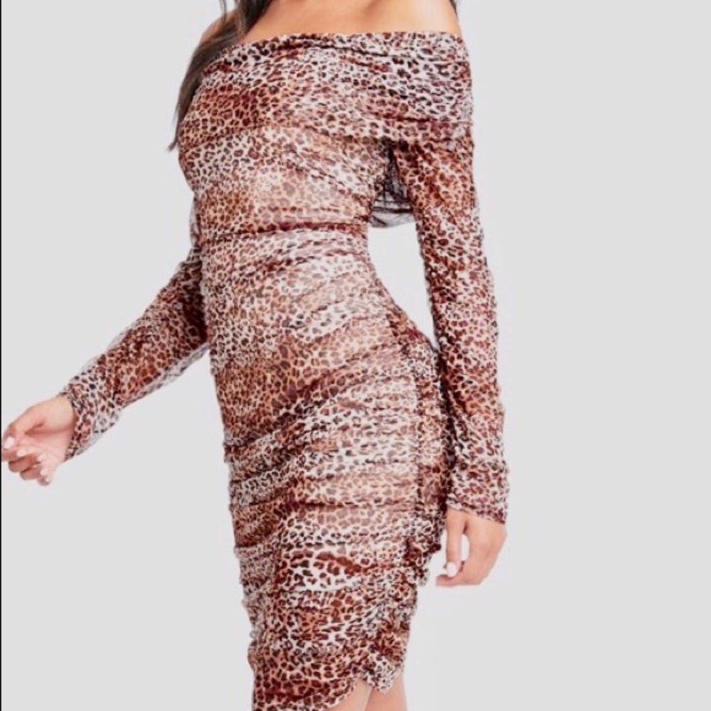 NWT BEBE Leopard Off the Shoulder Ruched Dress L